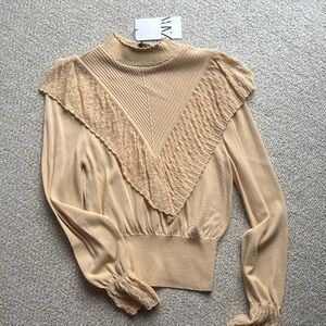 Zara Cream Tan Long Sleeve Pleated Blouse